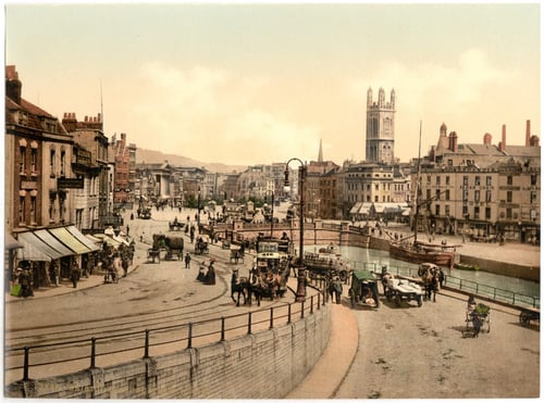 Cartes de visite of St Augustines Parade, Bristol in the 1890s. Depicting street life with horse and carts, ships with high sails in the Bristol harbour.